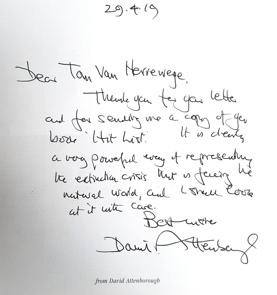 A hand written letter from Sir David Attenborough endorsing the book 'Hit List'.
