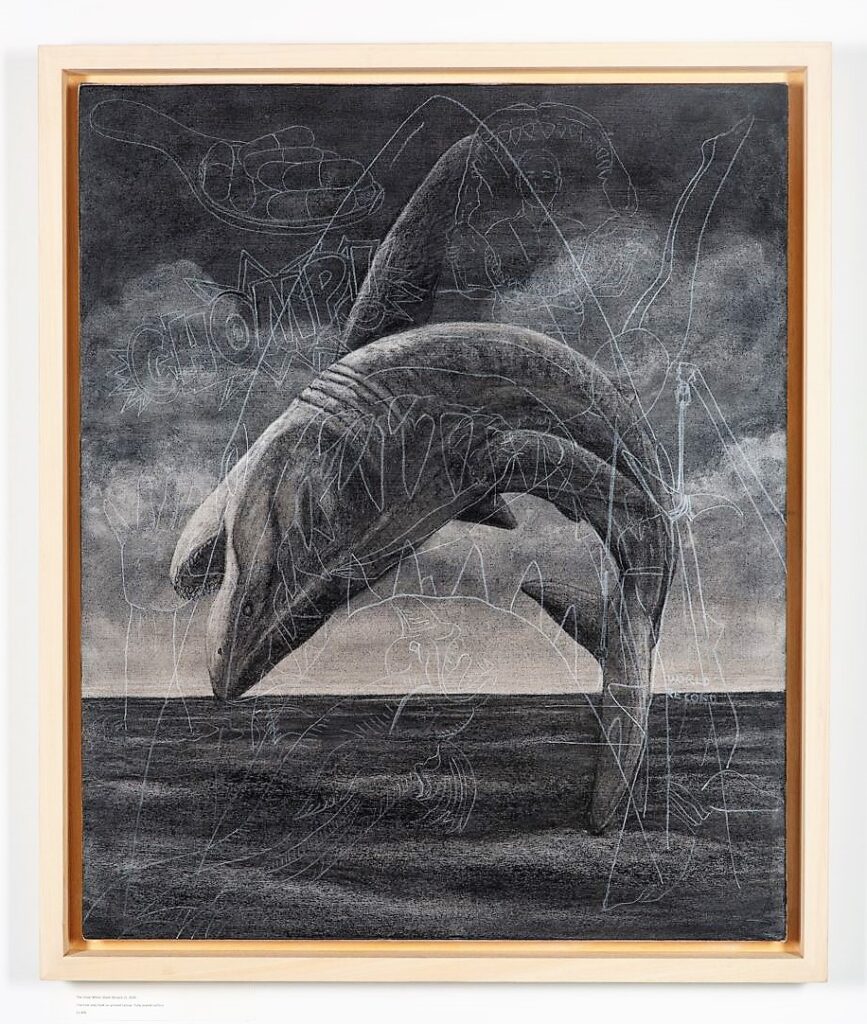 Breach 2, 2020. Charcoal and chalk on primed canvas. Framed in lime waxed tulip. 86 x 72 x 6 cm.