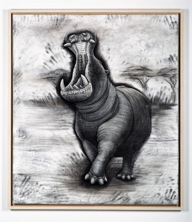 The Hippopotamus, 2021. Charcoal and chalk on canvas. Fully sealed surface and framed in lime waxed tulip. 160 x 140 x 6 cm.