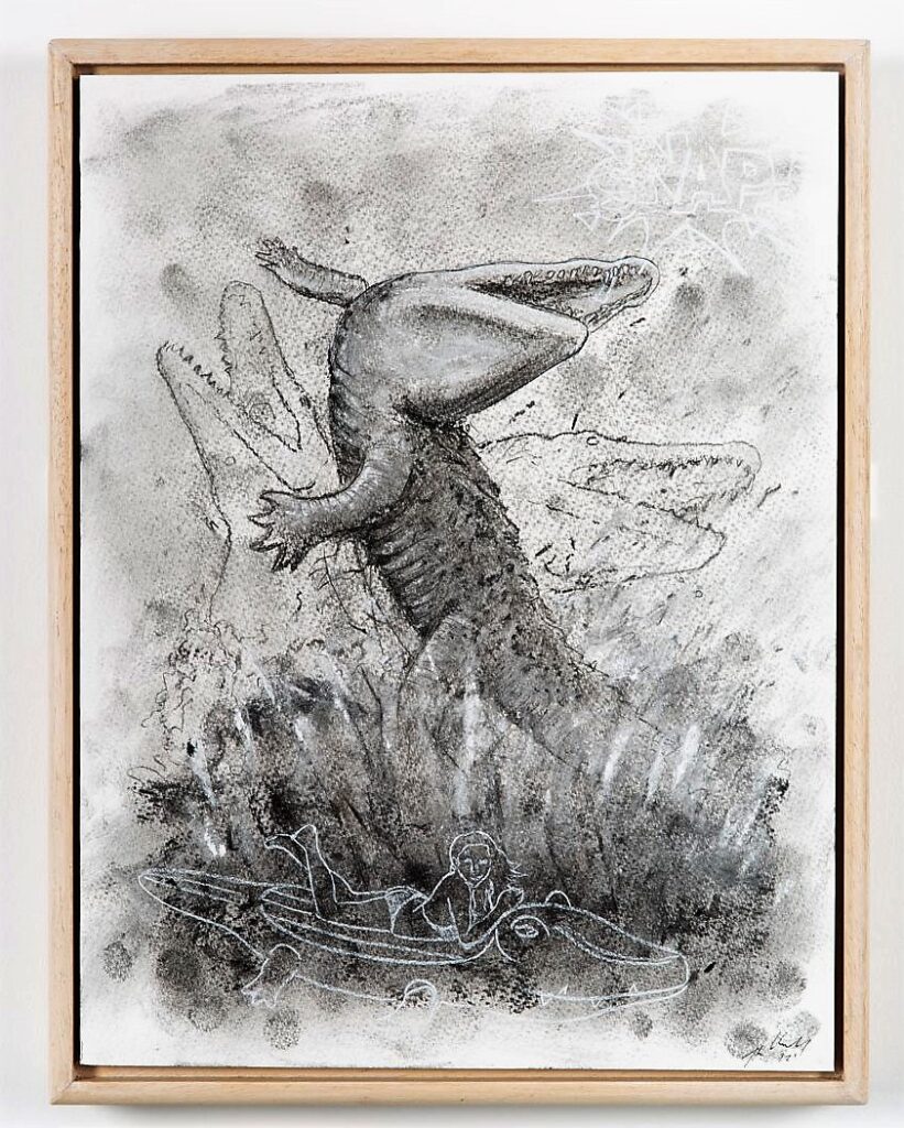 Crocodile in motion study, 2021. Charcoal and chalk o n cartridge paper. Framed in varnished obeche. 40 x 30 x 4 cm.