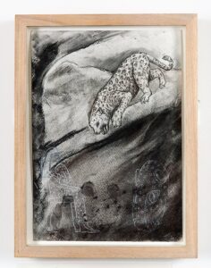Leopard study, 2021. Charcoal and chalk on cartridge paper. Framed in Lime waxed ash. 32 x 24 x 3.5 cm.