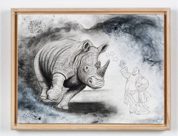 The Black Rhinoceros, 2021. Charcoal and gesso on cartridge paper. Framed in varnished obeche. 30 x 40 x 4 cm.