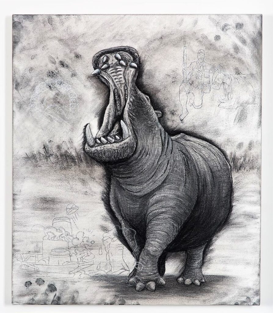 Hippopotamus (small), 2021. Charcoal and chalk on primed canvas. 71 x 61 cm.