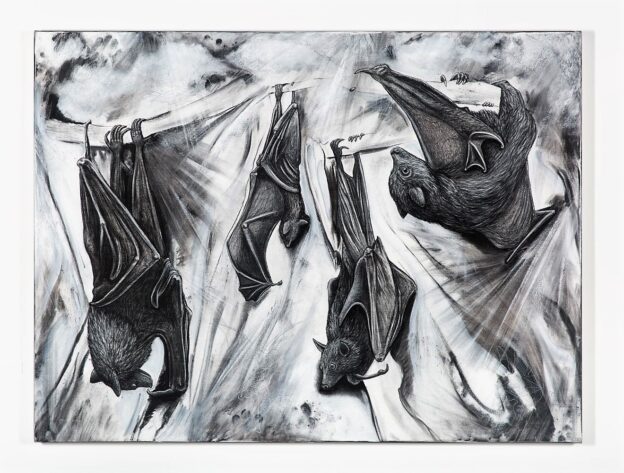 Roost, 2021. Charcoal, gesso and chalk on canvas. 120 x 160 cm
