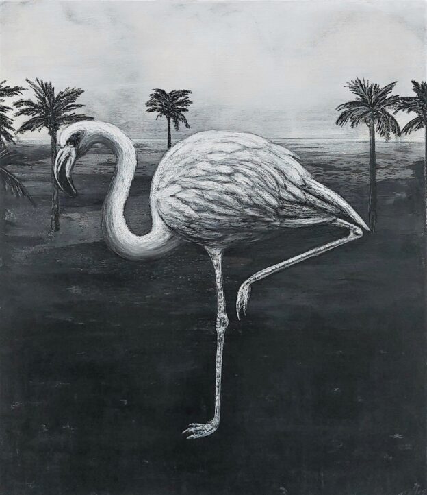 The Chilean Flamingo 2022. Charcoal, chalk and gesso on canvas. 71 x 61 cm.