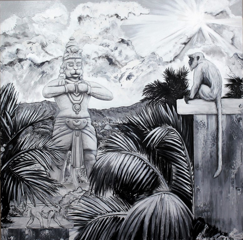 Hanuman Langurs, 2022. Charcoal, chalk, gesso and gloss on canvas. 150 x 150 x 4 cm.