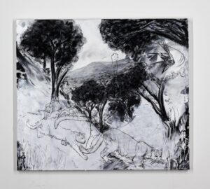 Millard falls trail, 2022. Charcoal, chalk and gesso on canvas. 72 x 62 x 4 cm.