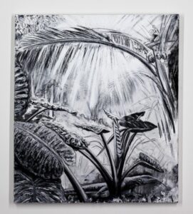 Sinharaja jungle, 2022. Charcoal, chalk, gesso and gloss on canvas. 85 x 72 x 4 cm.