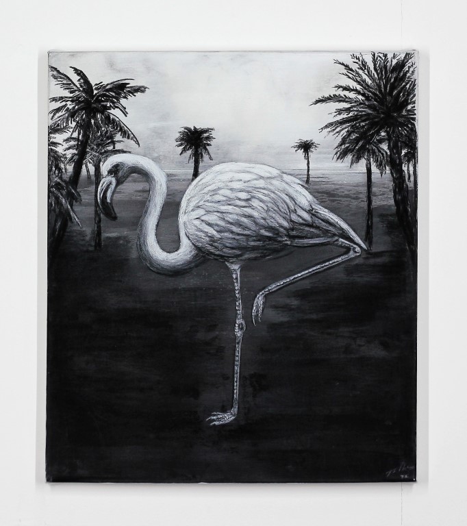 The Flamingo, 2021. Charcoal, chalk, gesso and gloss on canvas. 72 x 62 x 4 cm.