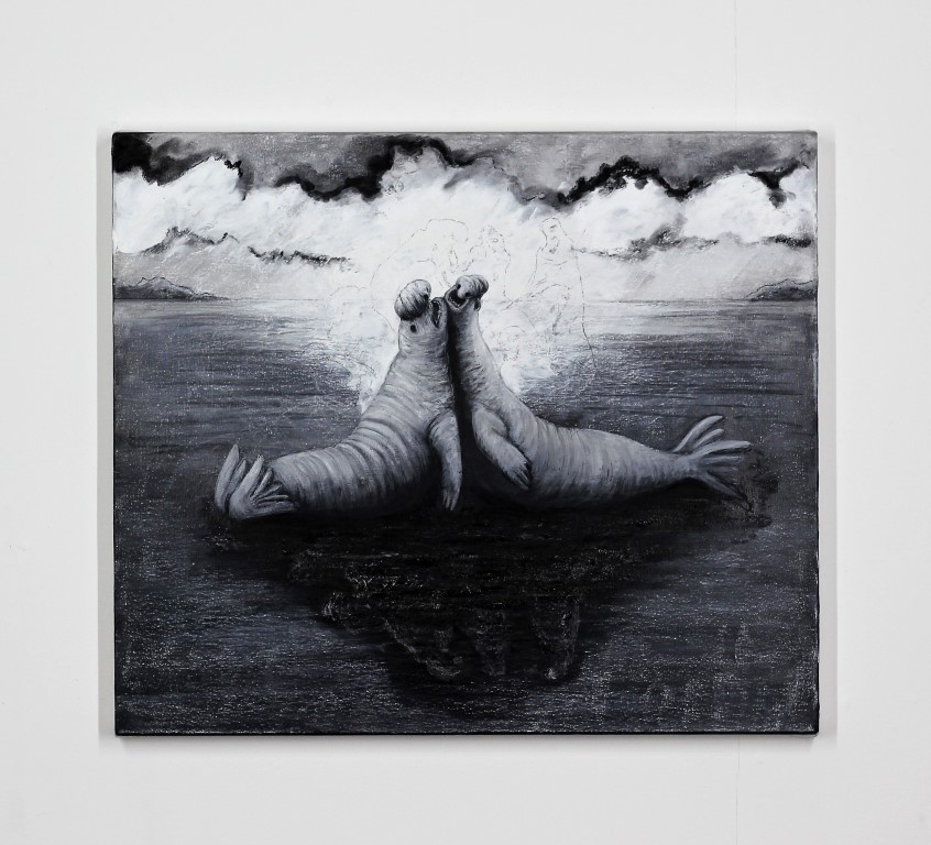 Tussle, 2022. Charcoal, chalk, gesso and gloss on canvas. 62 x 72 x 4 cm.