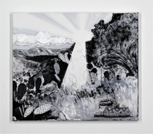 Views over Los Angeles, 2022. Charcoal, chalk, gesso and gloss on canvas. 62 x 72 x 4 cm.