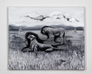 Young Lions, 2022. Charcoal, chalk, gesso and gloss on canvas. 72 x 86 x 4 cm.
