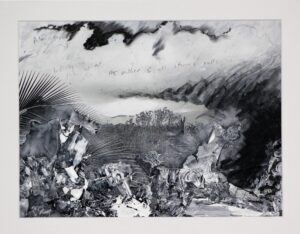 Deniyaya storm, 2022. Gloss, charcoal and ink on a black and white photograph printed on canvas with a window mount. 30 x 40 cm.