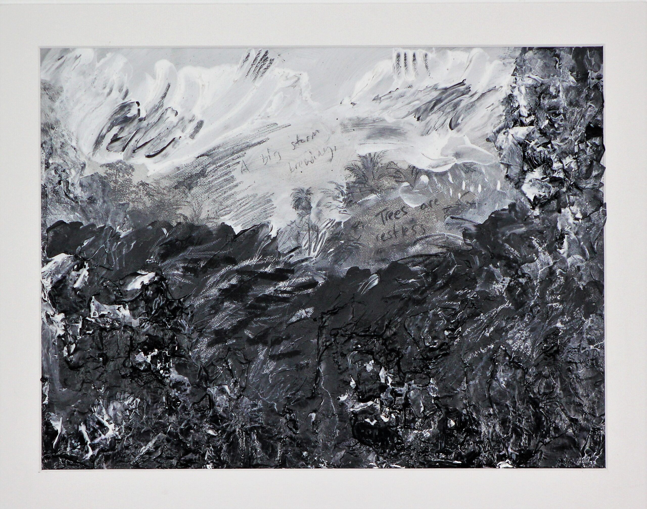 Sinharaja storm, 2022. Gloss, charcoal and ink on a black and white photograph printed on canvas with a window mount. 30 x 40 cm.