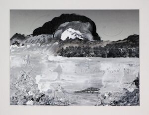 Uvita beach, Costa Rica, 2022.Gloss, charcoal and ink on a black and white photograph printed on canvas with a window mount. 30 x 40 cm.