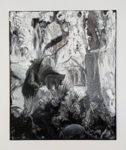 Ocala forest, 2022. Charcoal, gloss, gesso and ink on a photograph printed on canvas. 148 x 122 cm.