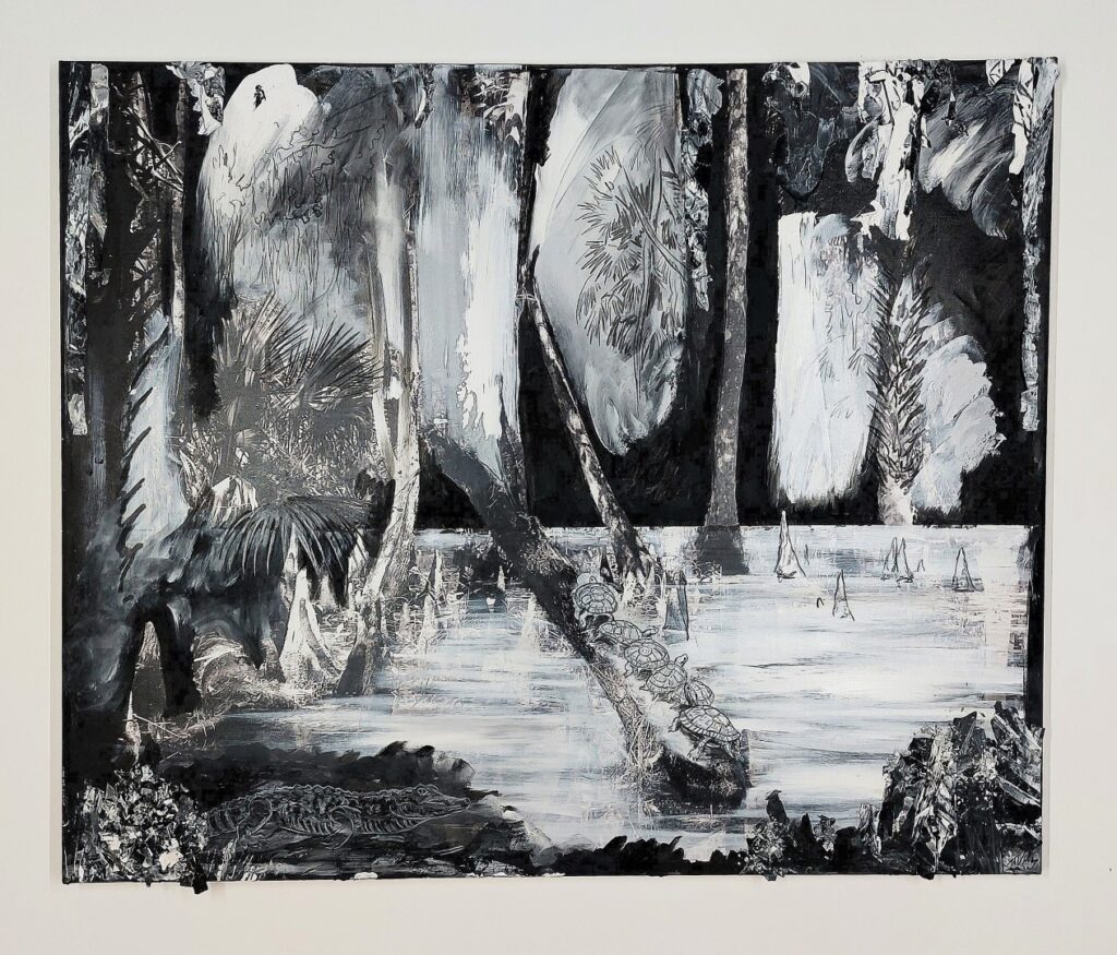 Ocala swamp, 2022. Charcoal, gloss, gesso and graphite on a photograph printed on canvas. 122 x 148 cm