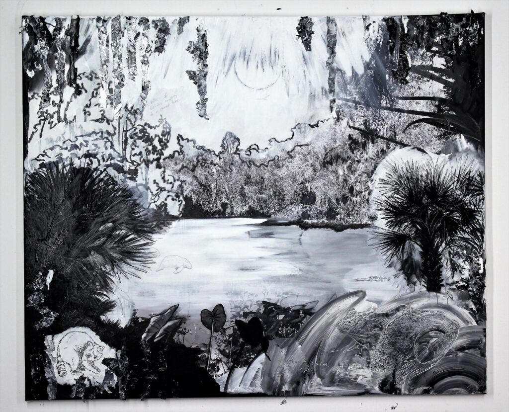 Silver Springs, 2023. Charcoal, chalk, ink, gloss, graphite and gesso on a photograph printed on canvas. 128 x 148 cm.