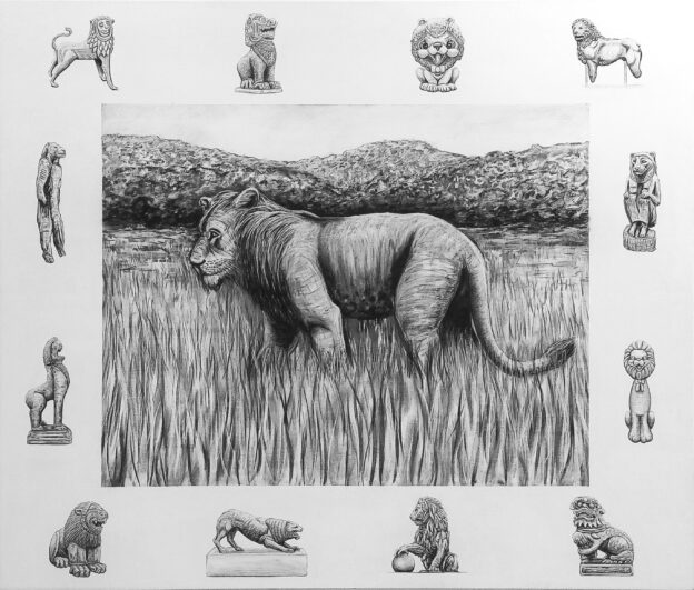 The Lion, 2023. Charcoal, chalk and gesso on canvas. 170 x 200 cm.